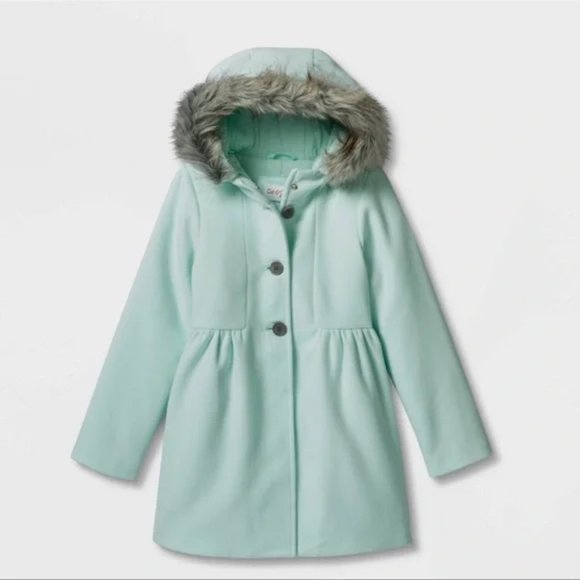 NEW! Girls' Faux Wool Jacket with Hood, Mint Green/Blue